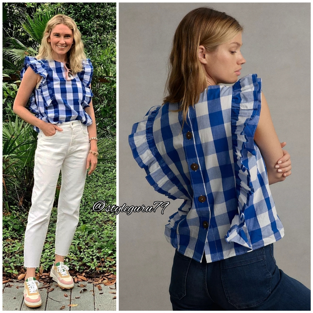 NWT, Anthropologie, WHIT TWO Cascade Ruffled Blouse In Large Blue Gingham